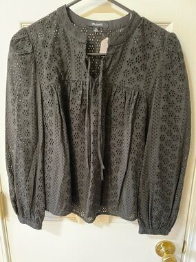 Madewell XS Eyelet Lace Peasant Blouse Tie Neck Boho Top 🖤